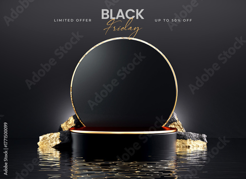 Elegant Black Friday promotion banner template with black podium platform with gold details and water reflection for product display, luxury and exclusive offers in 3D illustration