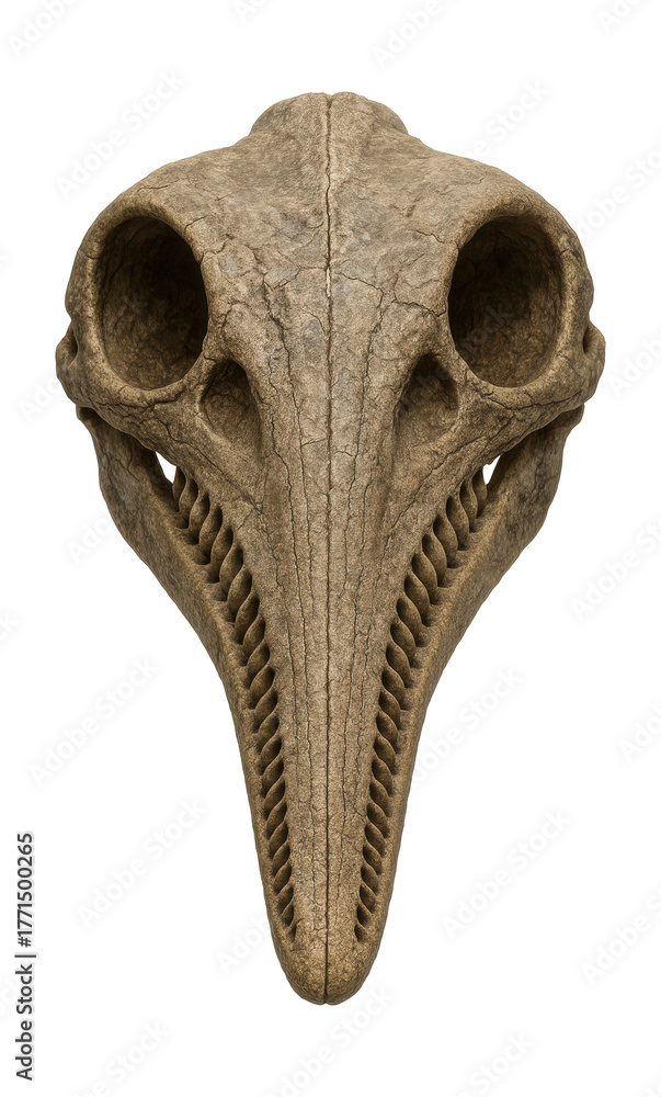 Naklejka premium Fossilized ichthyosaur skull featuring an elongated snout and tooth sockets.