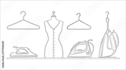 Outline vector illustration of clothing care items: irons, hangers, dress form, and ironing board. Laundry tools set.