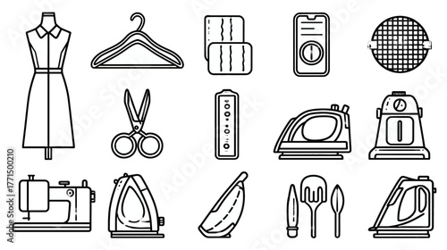 Laundry, Sewing & Clothing Care Outline Icons Set. Includes household chores elements like iron, sewing machine, dress, hanger, and smart app.