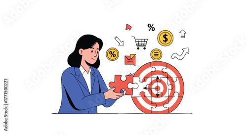 Woman completing target puzzle, surrounded by business and financial icons.