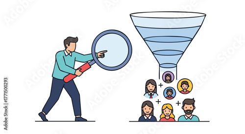 Businessman with a magnifying glass analyzing a sales funnel for lead generation and customer targeting.