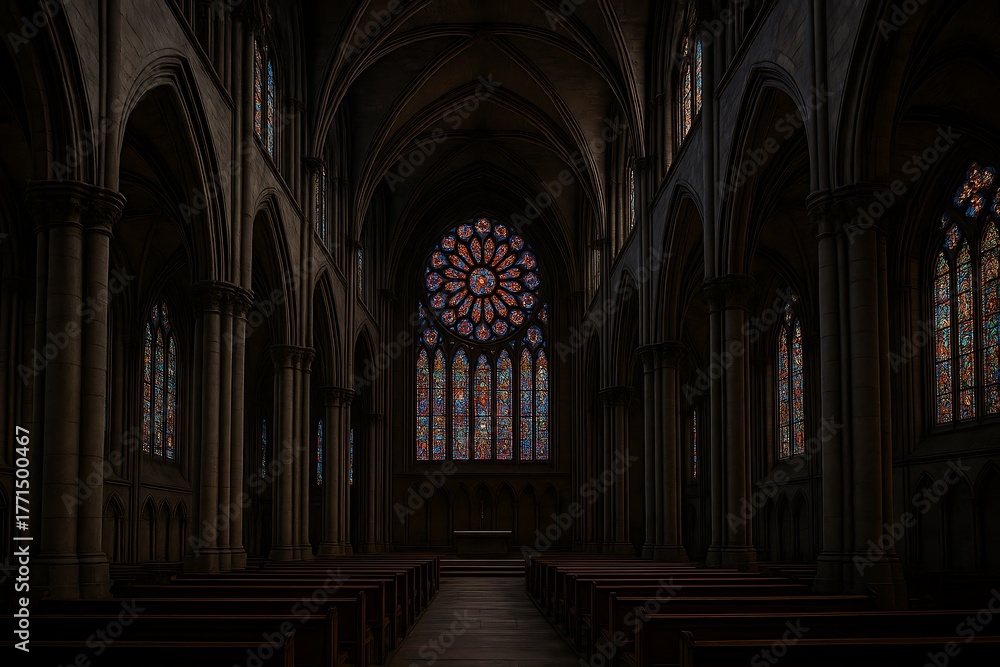 Fototapeta premium Gothic cathedral with stained glass and pointed arches