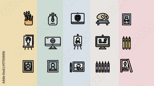 Art and Creativity Icons Set: Digital and Traditional Painting Tools, Drawing Supplies, and Artistic Hobbies Collection Vector Illustration