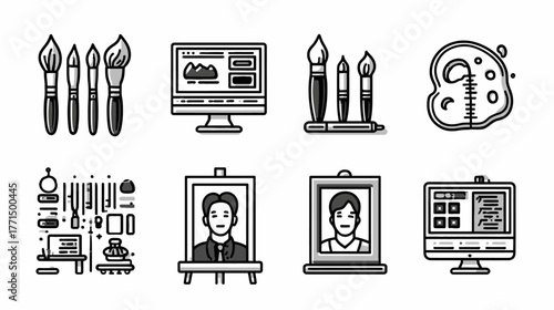 Art and Design Icons Set: Creative Tools for Digital and Traditional Artists, Graphic Design Software, Paint Brushes, Easels, and Portraits