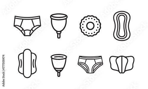 Menstrual Hygiene Products and Period Protection Line Icon Set