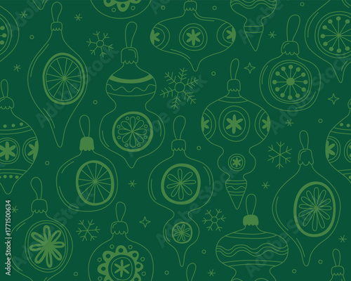 Christmas seamless pattern, doodle outline illustrations of vintage Christmas toys on dark green background. Design for festive wrapping paper, textile, print.