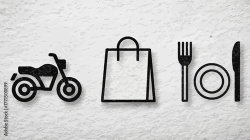 E-commerce logistics concept with motorcycle, shopping bag, and dining icons for online ordering, food, and retail delivery services