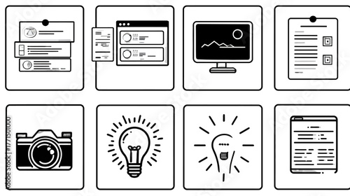 Set of black and white vector line art icons illustrating business, technology, data, communication, and creative idea concepts. Digital assets.