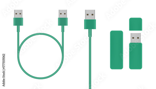 Green USB cables and USB flash drive. USB plug with wire loop	