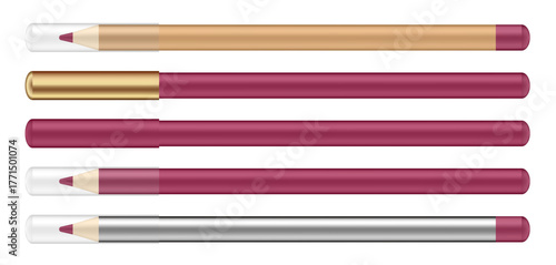 Set of cosmetic pencils. Thin and long lip liners. Red pencils with silver, gold and transparent caps.