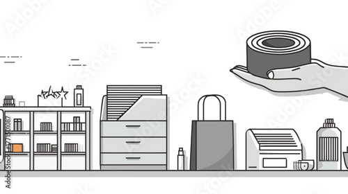 E-commerce Logistics and Retail Fulfillment Line Art Illustration with Packaging, Shipping Supplies, and Product Preparation