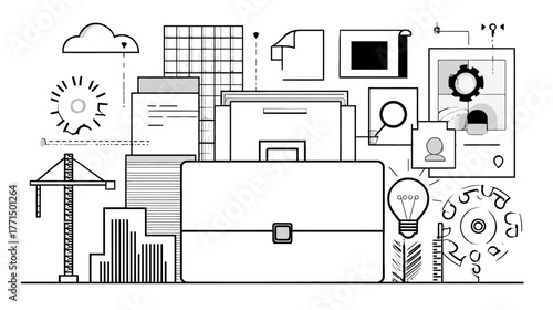 Modern business operations concept illustration with briefcase, technology, data management, innovation, and office workflow elements