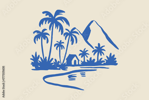 tropical landscape palm trees mountain minimalist doodle line art vector illustration