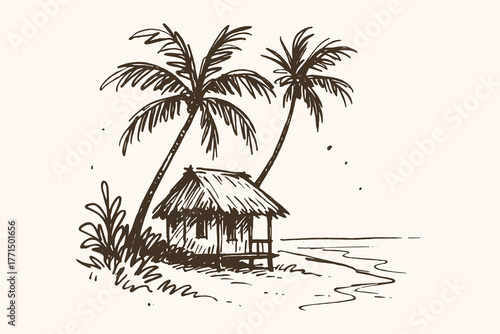 tropical beach hut with palm trees hand-drawn sketch line art vector illustration