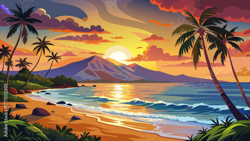 Very beautiful sunset view from Mokapu Beach in Wailea, Maui, Hawaii, where golden light gently illuminates the West Maui Mountains and reflects over calm ocean waves creating a peaceful tropical para