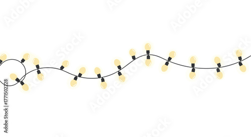 A festive string of glowing yellow light bulbs arranged in a gentle wave on a clean white background.