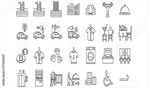 Vector icons set representing various elements of travel, hospitality, and daily life activities and services