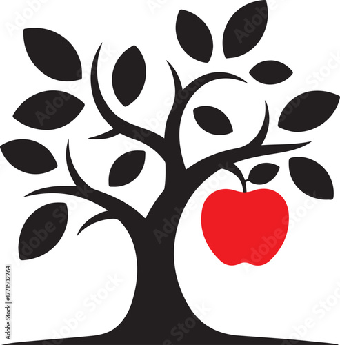 Stylized tree with a single red apple and dark leaves