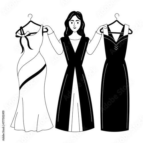 A doodle style illustration showing choosing dresses