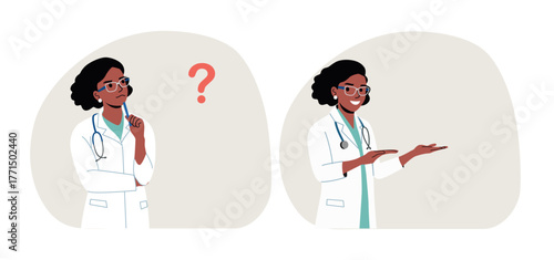 Young doctor thought about it and came up with an idea. Flat style cartoon vector illustration.