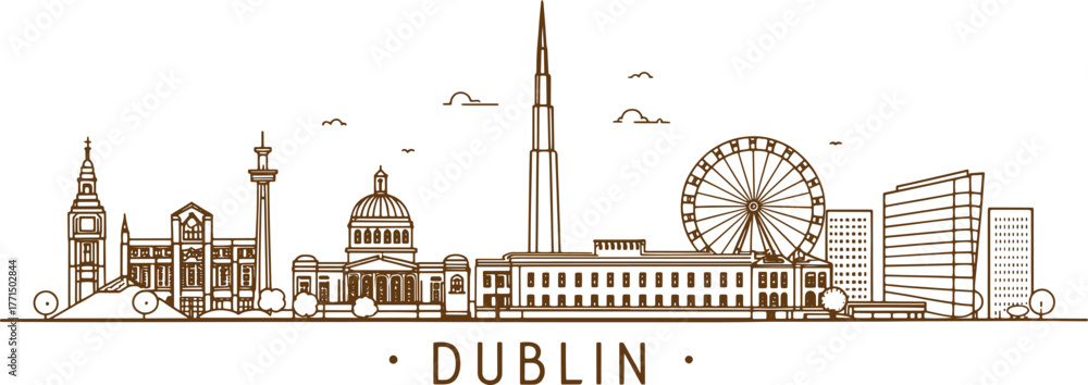Naklejka premium Dublin City Line Sketch for Travel Agency Branding – Irish Landmarks Drawing for Posters and Souvenirs