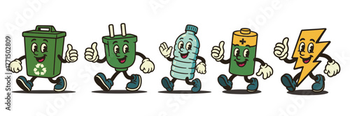 Cute retro eco mascots promoting sustainability with vintage cartoon style recycling and renewable energy icons