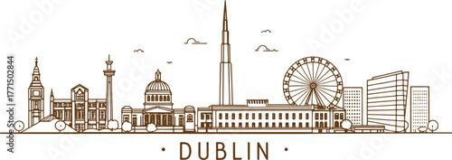 Dublin City Line Sketch for Travel Agency Branding – Irish Landmarks Drawing for Posters and Souvenirs