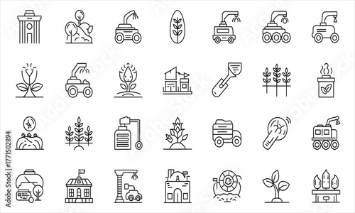 Vector icons set illustrating various aspects of agricultural technology, robots, and farming equipment