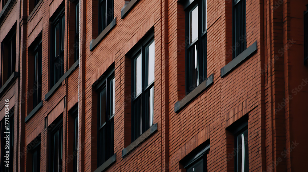 Naklejka premium A brick building facade featuring a symmetrical array of dark-framed windows. The structure's texture and color palette suggest urban resilience and architectural details.