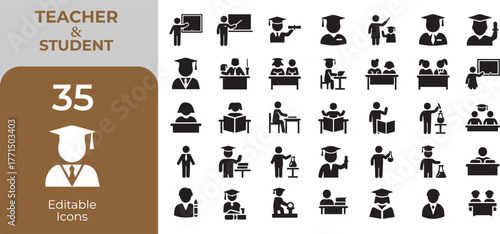 Collection of teacher and student icons representing education and learning activities