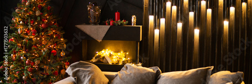Holiday decorated room with Christmas tree and fireplace. Festive seasonal scene for Winter celebration. Cozy home interior design.