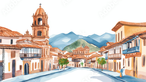 Cusco Historic Center. Cusco Historic Center hand drawn watercolor illustration