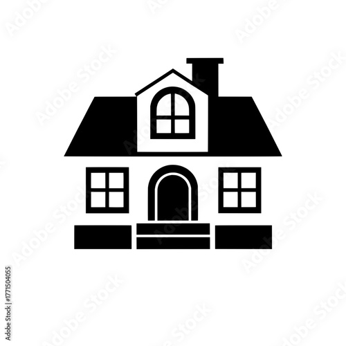 Black vector icon depicting a traditional family house with a gable roof, chimney, windows, and main entrance.