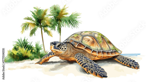 Hattes Beach - Turtle nesting. Hattes Beach - Turtle nesting hand drawn watercolor illustration