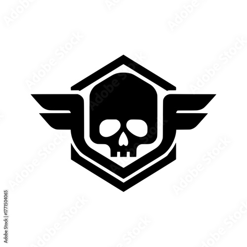 Black vector illustration featuring a human skull inside a hexagonal shield flanked by wings on both sides.