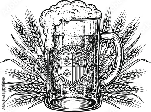 Beer mug with overflowing foam and wheat stalks vintage illustration for brewery branding bar pub menu design