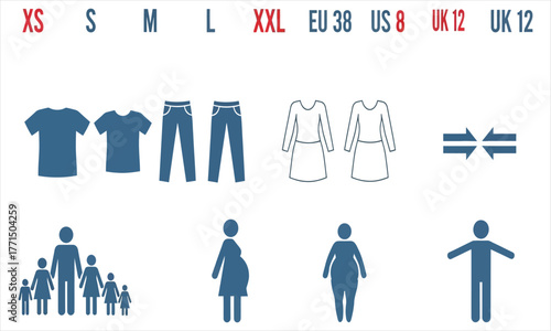 Vector icon collection with clothing size chart symbols, body type silhouettes, and demographic figures for web and print