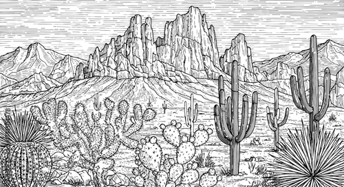Dark desert landscape with saguaro cacti and rugged mountains under a vast, empty sky, depicting solitude and wilderness.