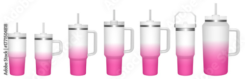 Thermo cup with handle and straw. 14, 30, 40, 64 oz. Travel thermos. Set of white and pink gradient mugs. Tumbler or quencher