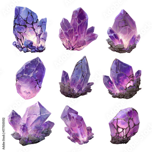 Nine violet crystals of various shapes, sizes and luminosity