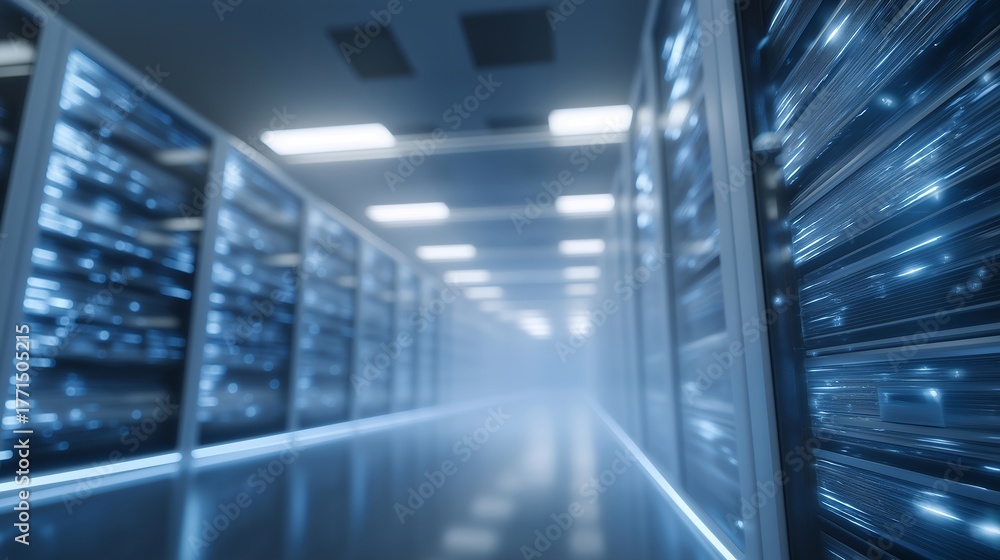 Fototapeta premium Futuristic server room glowing with neon highlights where rows of machines pulse with light while holographic locks and shields hover in the air, emphasizing data protection, encrypted cloud