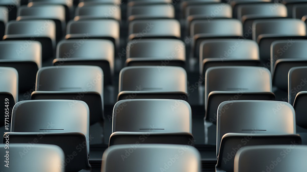 Fototapeta premium Rows of Empty Seats. A symmetrical image showcasing the repetitive pattern of seating in a theater or auditorium. The seats are monotone with subtle gradients of lighting. Modern design.