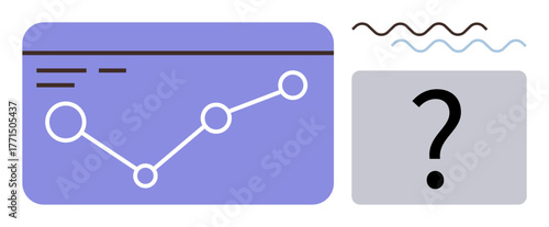 Minimal trendline with data points on a purple chart next to a question mark and decorative wavy lines. Ideal for analytics, problem-solving, forecasting, queries, decision-making, exploration