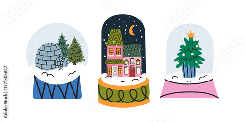 Festive Christmas and New Year's cartoon elements in groovy style. Christmas snow globe set. Glass crystal baubles. Winter holiday decorations. Flat isolated vector illustration on white background