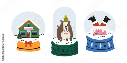 Festive Christmas and New Year's cartoon elements in groovy style. Christmas snow globe set. Glass crystal baubles. Winter holiday decorations. Flat isolated vector illustration on white background