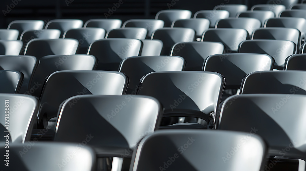 Naklejka premium Rows of seats in a pattern with shadows, emphasizing depth and order. A minimalist and elegant visual with the play of light, texture, and repetition.