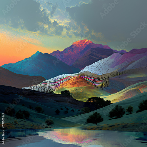 Sunlit Urban Rooftop Garden with Curvilinear Wooden Table and Towering Modern Glass Skyscrapers