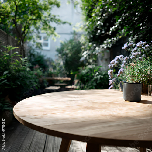 Lush Rooftop Garden with Rustic Wooden Table and Green Foliage against Modern City Skyscrapers under Dappled Sunlight
