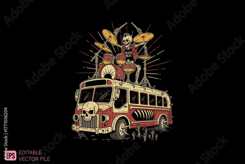 Skull Drummer Rocking Out on a Vintage Bus.